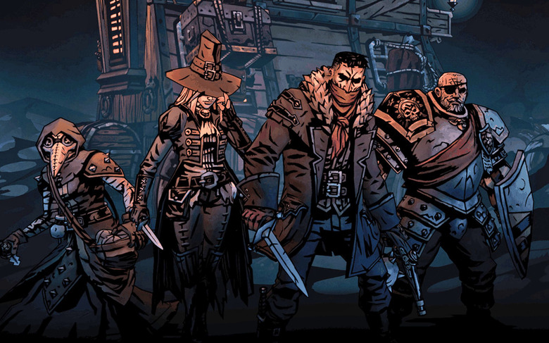 Darkest Dungeon II keyart featuring four of the game's playable classes, the Man-at-Arms, Highwayman, Grave Robber and Plague Doctor.