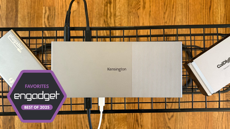 Three docking stations are arranged on a rack