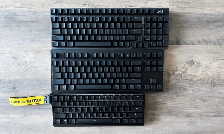From top to bottom: A 96 percent keyboard, an 80 percent (or tenkeyless) keyboard and a 60 percent keyboard.