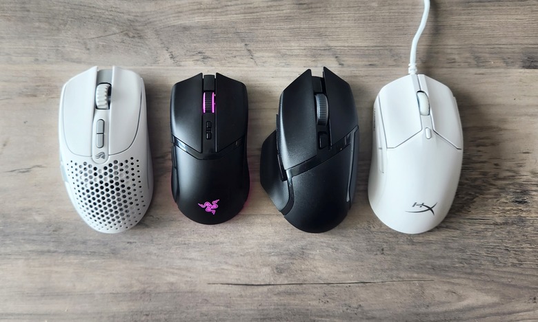 A few more gaming mice we've tested. Left to right: the Glorious Model I 2 Wireless, the Razer Cobra Pro, the Razer Basilisk V3 X HyperSpeed and the HyperX Pulsefire Haste 2.