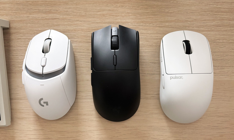 Left to right: the Logitech G309 Lightspeed, the Razer Viper V3 HyperSpeed and the Pulsar X2 V2.