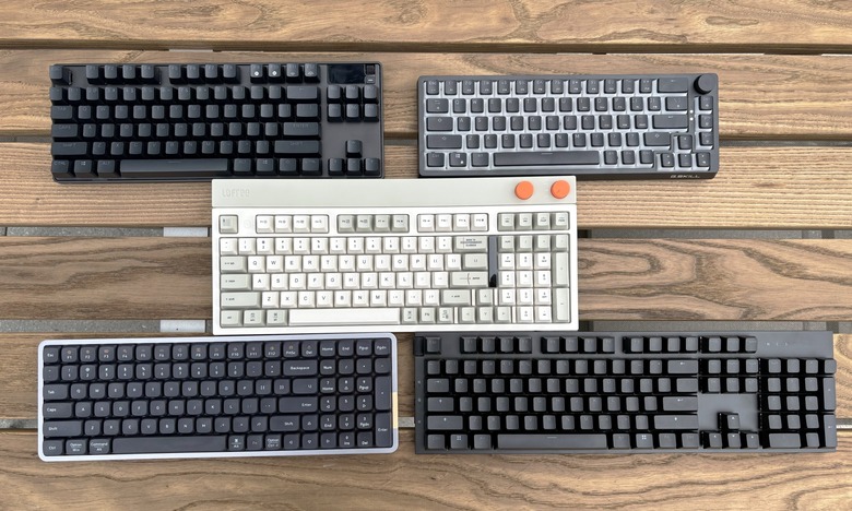 Just a few of the other mechanical keyboards we tested for this guide. Clockwise from top left: the SteelSeries Apex Pro TKL Wireless (2023), the G.Skill KM250 RGB, the Lofree Block, the NZXT Function 2 and the Lofree Flow.