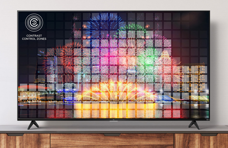 A picture of fireworks displayed on TCL's 5-Series 4K Roku TV as it rests on a stand.