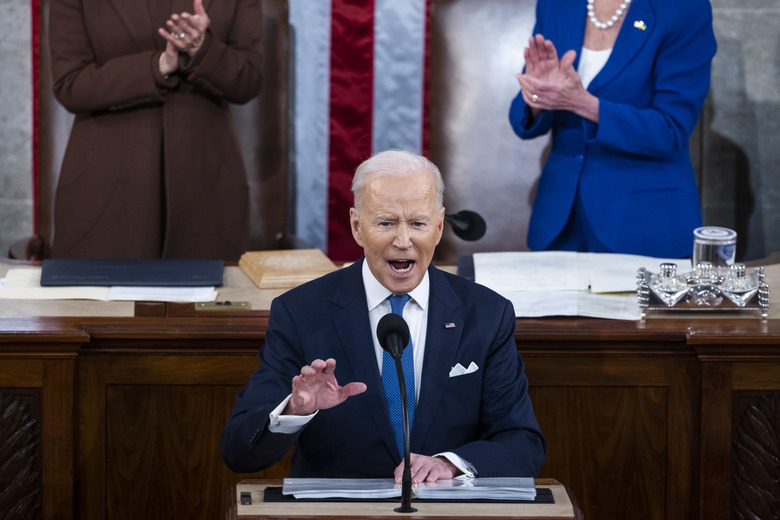 WASHINGTON, DC - MARCH 01:  U.S. President Joe Biden delivers the State of the Union address during a joint session of Congress in the U.S. Capitol’s House Chamber on March 1, 2022 in Washington, DC. In his first State of the Union address, Biden was expected to speak on his administration’s efforts to lead a global response to the Russian invasion of Ukraine, work to curb inflation and to bring the country out of the COVID-19 pandemic.  (Photo by Jim Lo Scalzo-Pool/Getty Images)