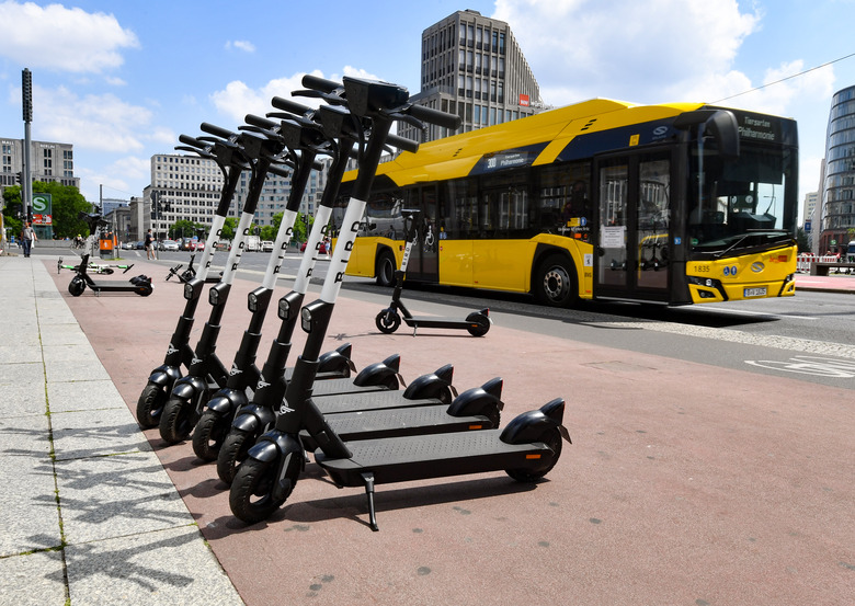 25 June 2020, Berlin: E-scooters are located at Potsdamer Platz. Photo: Jens Kalaene/dpa-Zentralbild/ZB (Photo by Jens Kalaene/picture alliance via Getty Images)