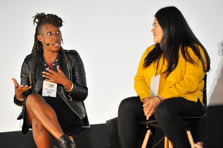 Y-Vonne Hutchinson, left, and Jennifer Morales participate in a panel discussion at Alamo Drafthouse New Mission