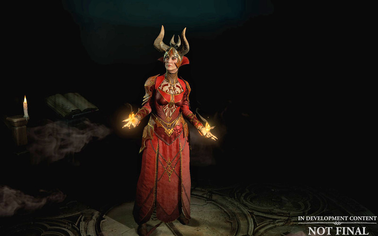 A screenshot of a female Sorcerer from Diablo IV. She's wearing a red gown, with a helmet that features horns.  