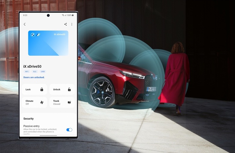 A digital key to lock and unlock a red BMW, among other features. A BMW and woman are in the background. 