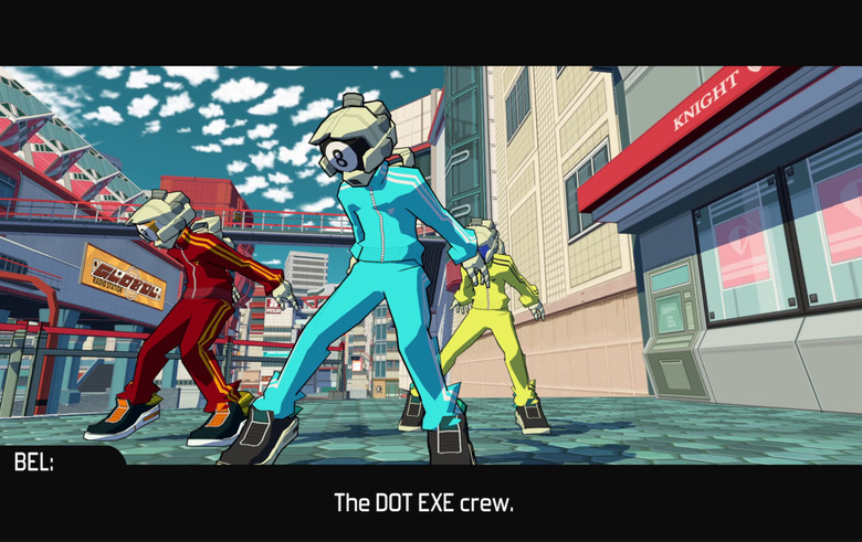 A screenshot of Bomb Rush Cyberfunk. Three animated characters wearing tracksuits in blue, red and neon green posing against a city backdrop. 