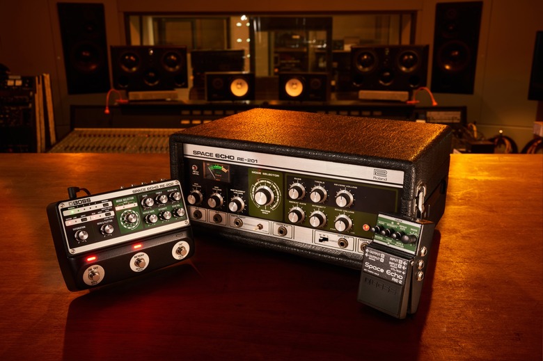 The new RE-202 and RE-2 pedals, pictured with the original Roland RE-201 unit.