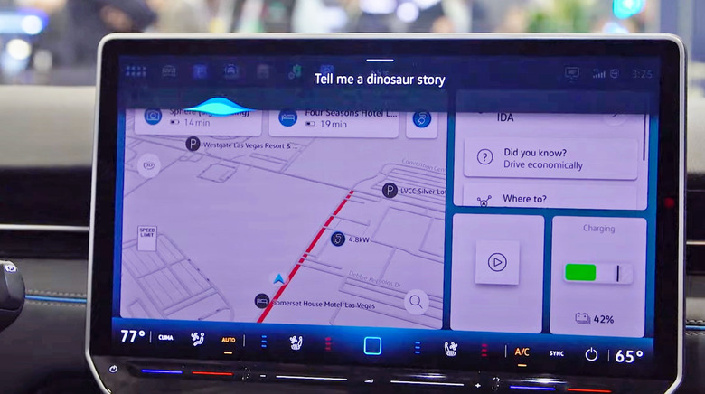 A Volkswagen in-dash tablet display shows an example of the ChatGPT integration announced at CES 2024.
