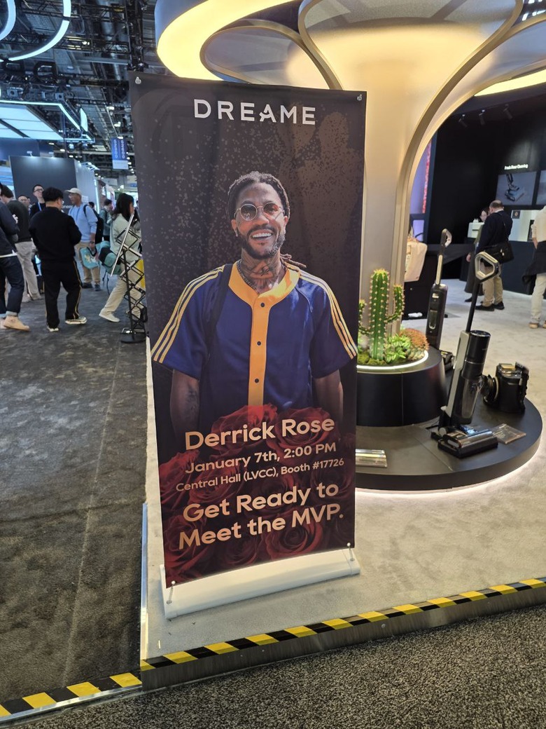 A standing banner showing Derrick Rose with details on his appearance at the Dreame booth on January 7.