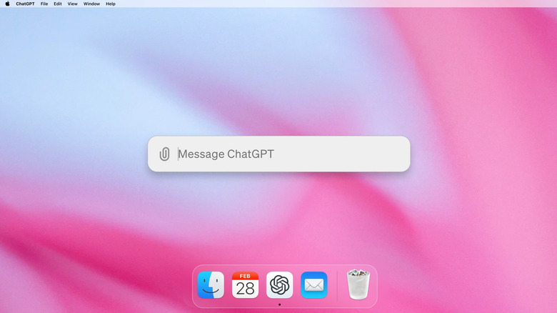 A macOS desktop with a search bar (center) that says 