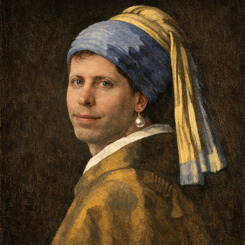 A portrait of Sam Altman, in the style of Johannes Vermeer's Girl with a Pearl Earring.