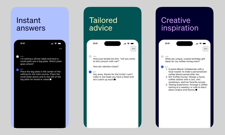 Three App Store screenshots for OpenAI's ChatGPT app. They're titled (left to right): Instant answers, Tailored advice and Creative inspiration.