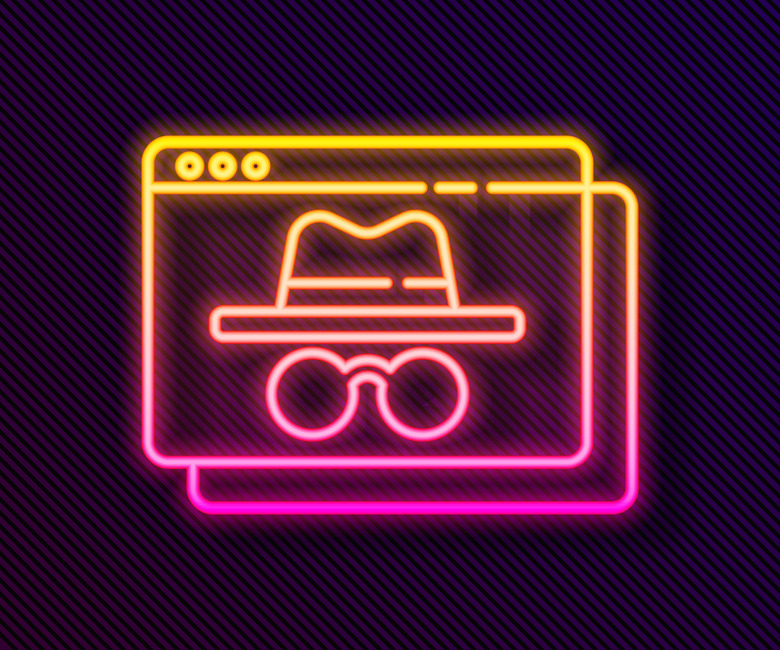 Glowing neon line Browser incognito window icon isolated on black background. Vector.