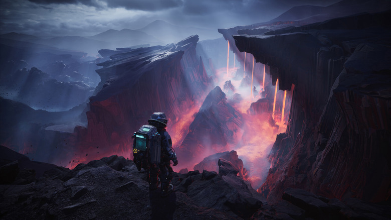 A human in a spacesuit looks out at a chasm that's filling with lava.