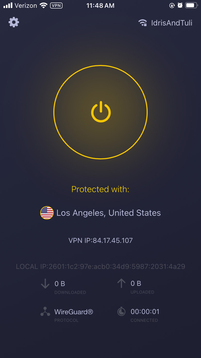 The main page of CyberGhost's iPhone app.