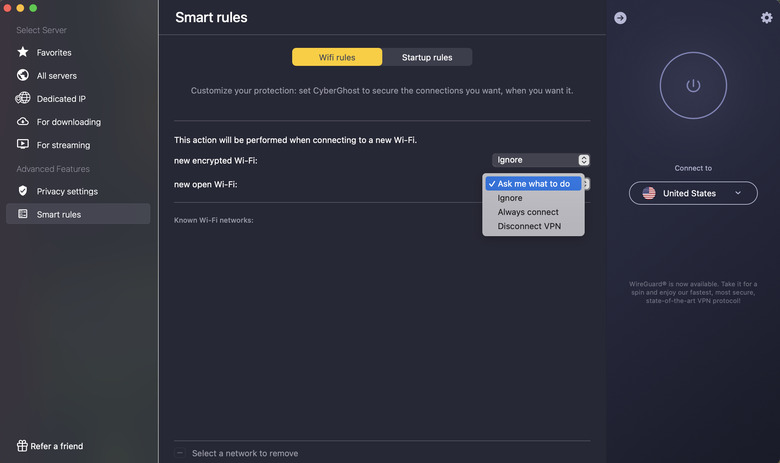 You can program CyberGhost to take different actions on each of your usual networks.