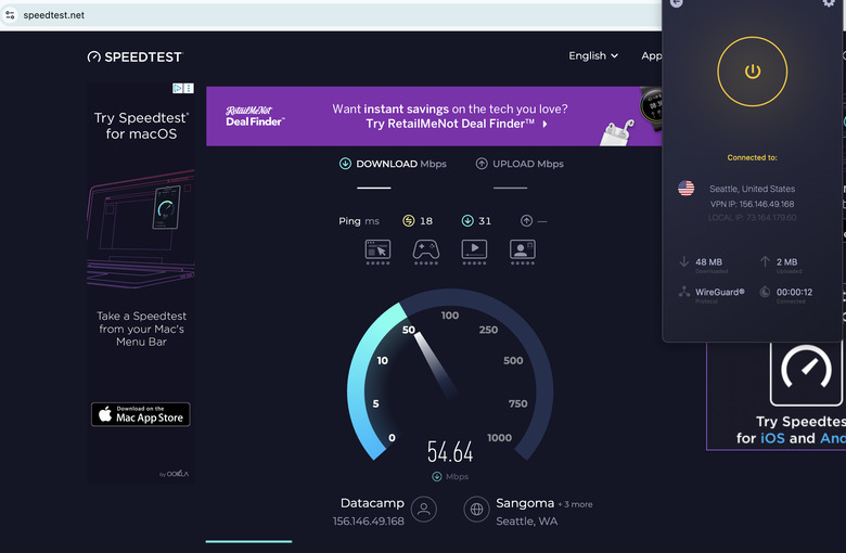 A speed test using the fastest location chosen by the CyberGhost app.