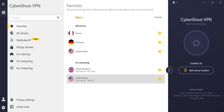 The CyberGhost VPN client for Windows 11.