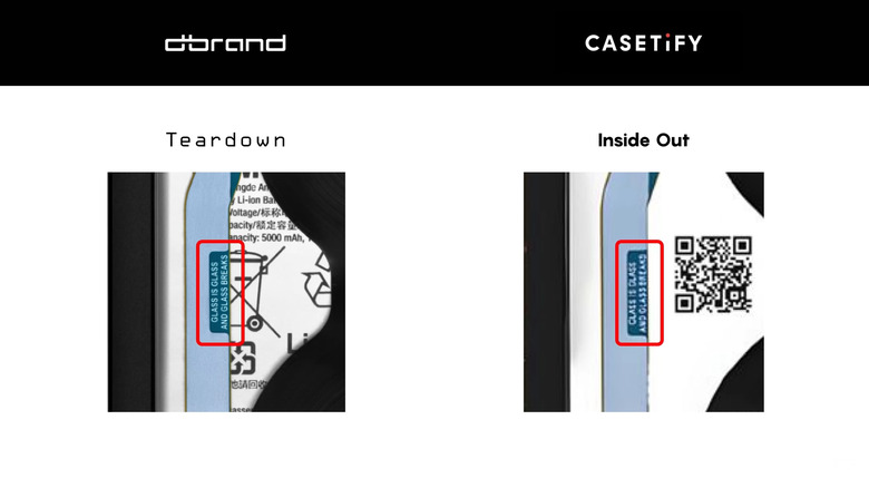 A screenshot showing a side-by-side comparison of Dbrand's Teardown and Casetify's Inside Out smartphone skins. A label that reads 