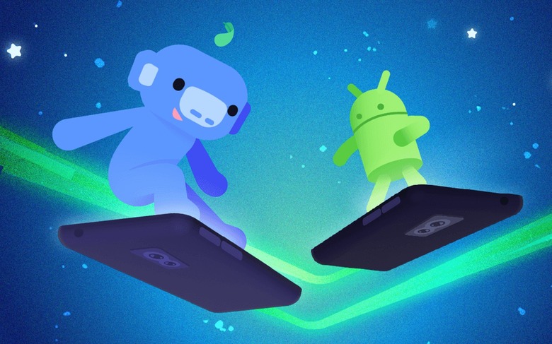 Cutesy artwork showing the Discord and Android mascots surfing the stars on Android phones.  