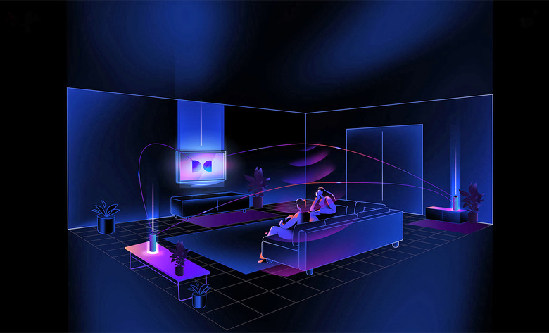 A living room scene with a black background and purple wire framing show how the new Dolby Atmos FlexConnect connects wireless surround speakers through the TV.