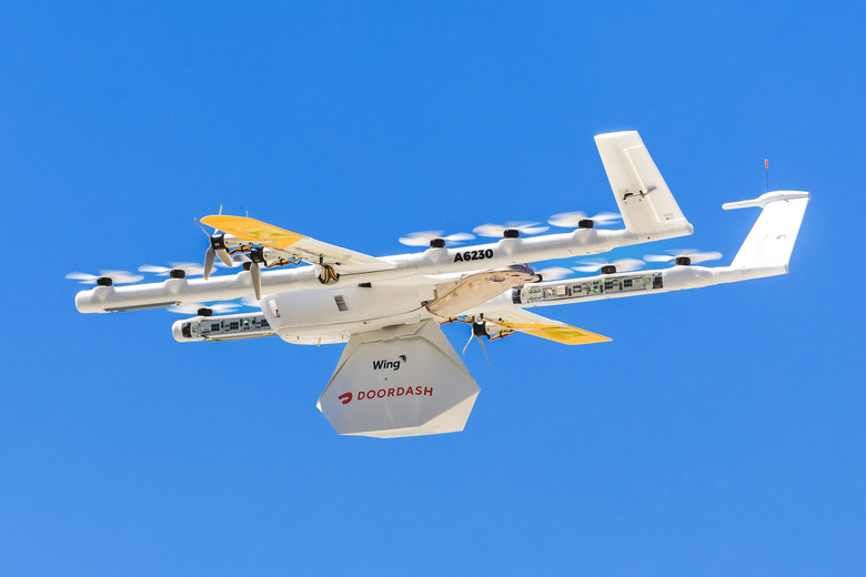 Wing drone carrying a DoorDash delivery.