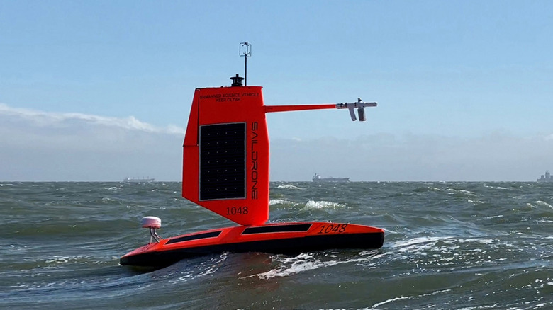 A saildrone deployed by the National Oceanic and Atmospheric Administration in the Atlantic Ocean to capture data, images and video from hurricanes.