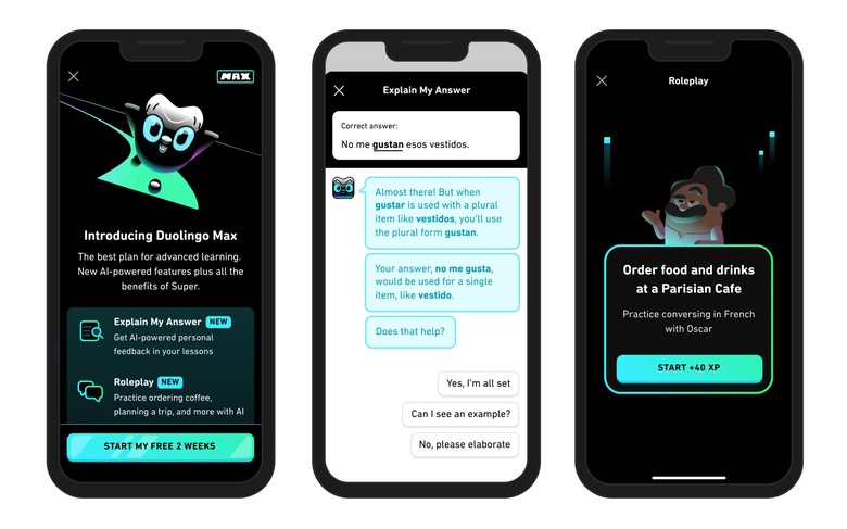 Three screenshots of Duolingo's new Max tier, which gives users the option to practice their language skills with a GPT-4 powered chatbot.
