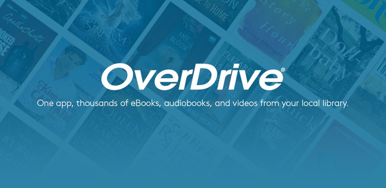 OverDrive logo on top of a transparent blue background with books underneath.