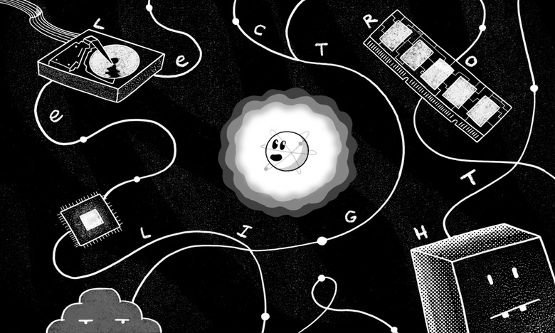 The title image for Electrolight showing a cartoon rendering of a small piece of light surrounded by computer parts