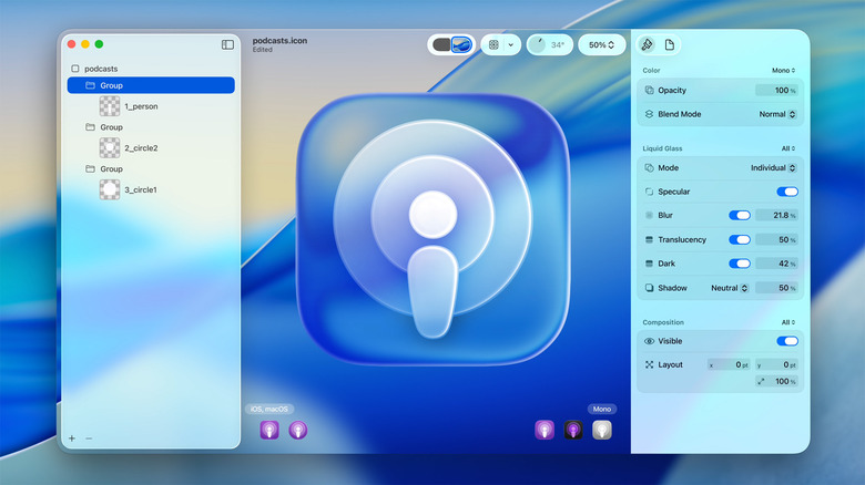 A screenshot of Apple's Icon Composer app on a Mac desktop, featuring a podcast icon in the Liquid Glass design.