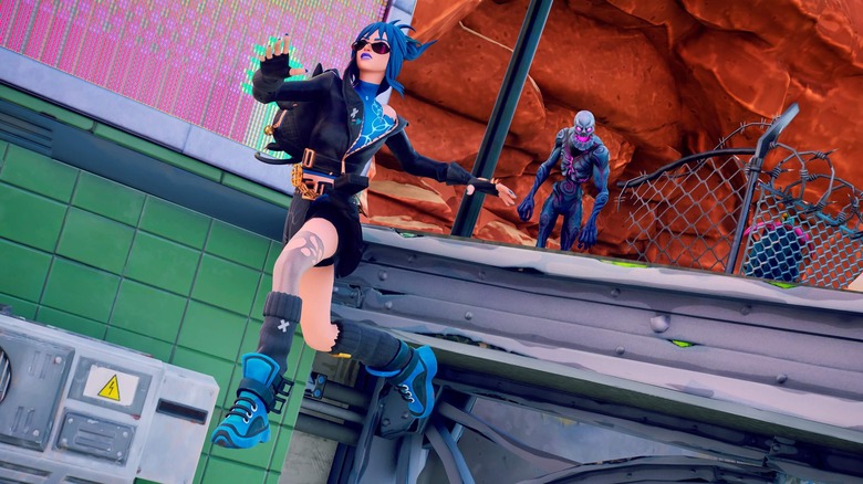 A Fortnite character jumping off a ledge while being pursued by a monster.
