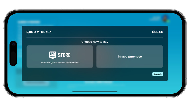 A horizontal iPhone showing Epic's in-house payment option next to Apple's.