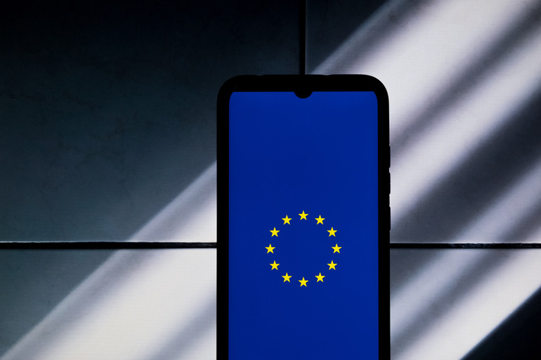 The European Union (EU) flag logo is being displayed on a smartphone screen in Athens, Greece, on January 19, 2024. (Photo by Nikolas Kokovlis/NurPhoto via Getty Images)