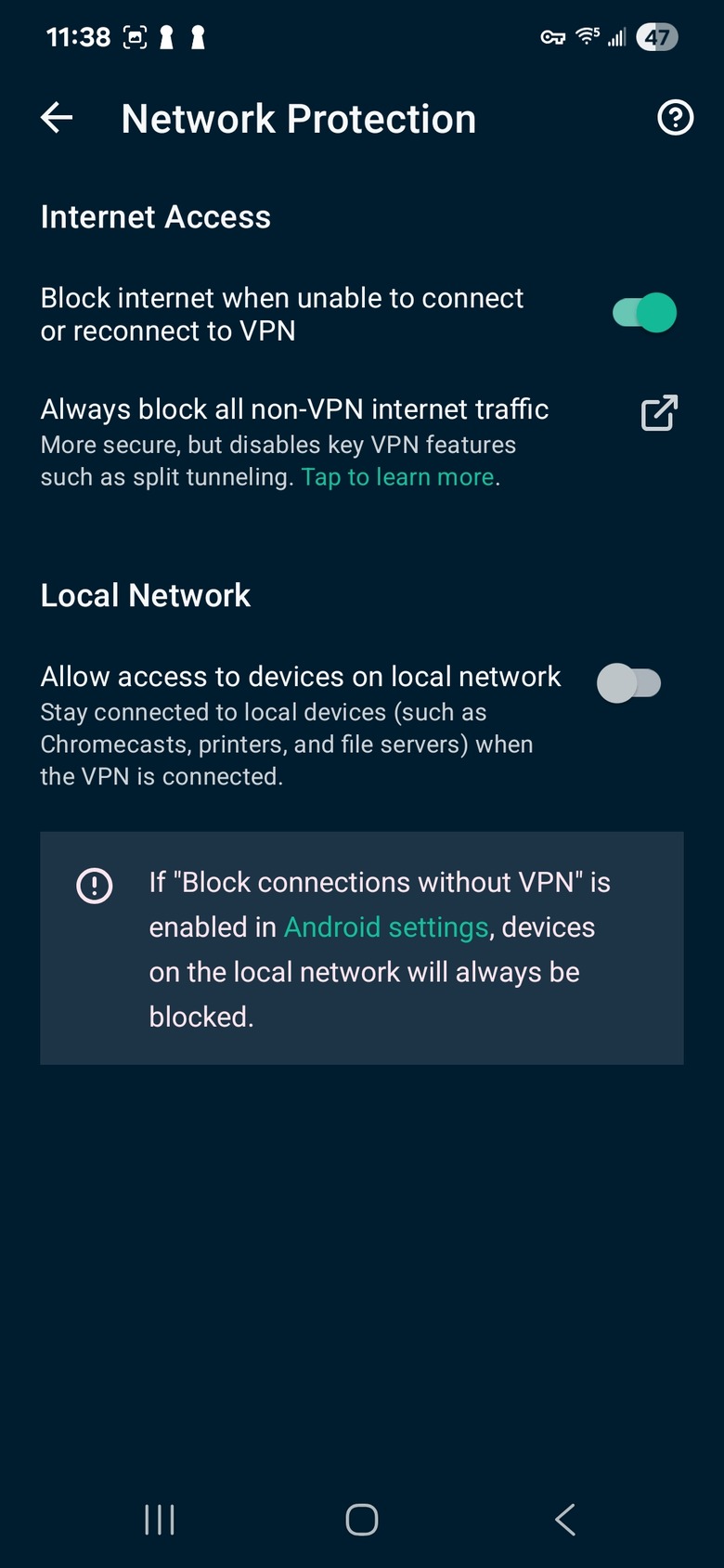ExpressVPN's kill switch is called Network Lock on desktop, and Network Protection on mobile (Android pictured)