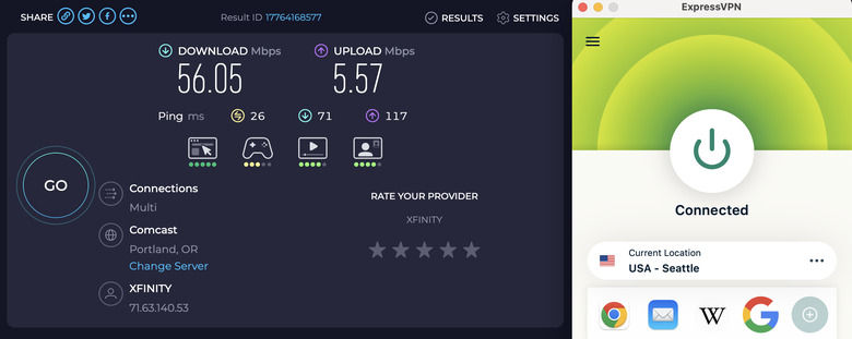 This Ookla speedtest shows you can still get fast internet while connected to ExpressVPN -- our unprotected speeds are around 58 Mbps.