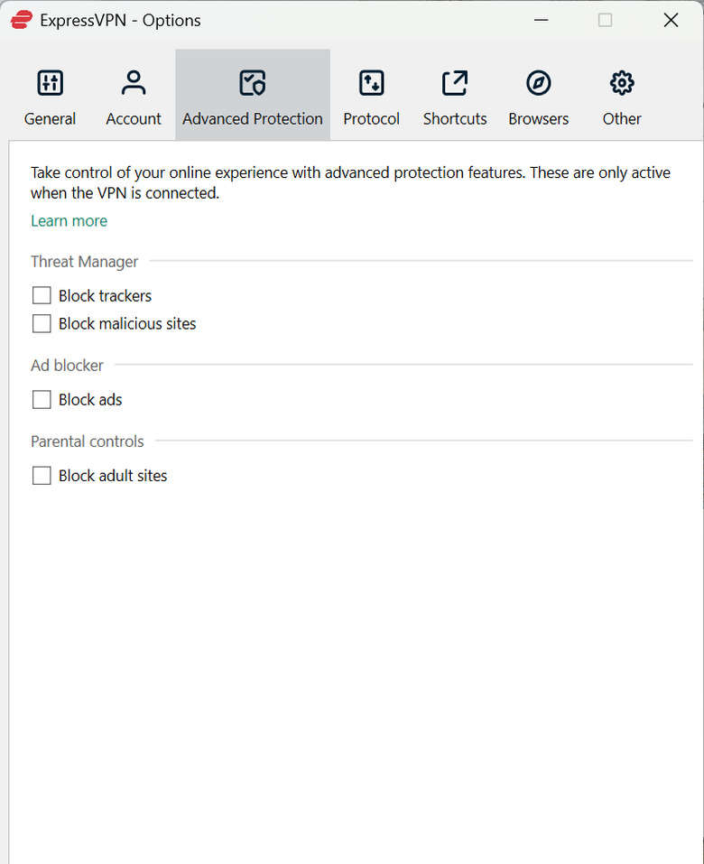 Check any of these boxes to use the pre-set blocklists whenever you're connected to ExpressVPN.