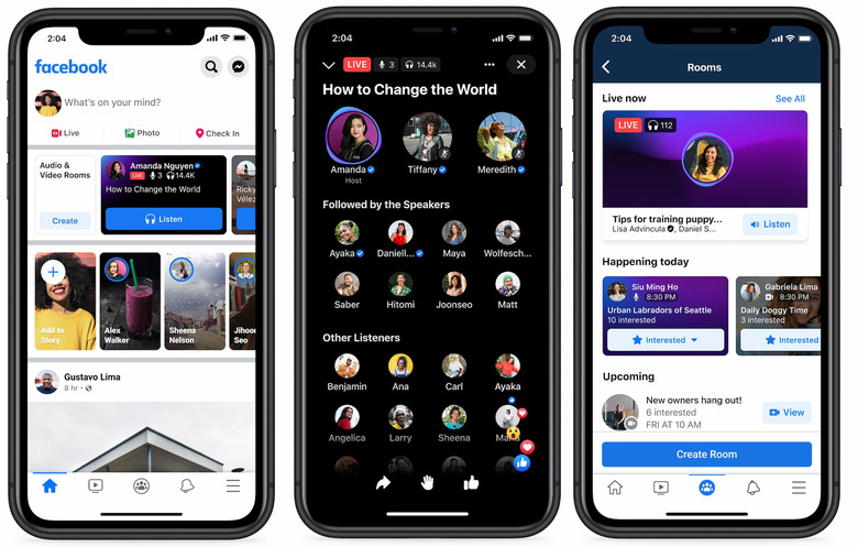 Screenshots showing Facebook's hub for audio content on an iPhone