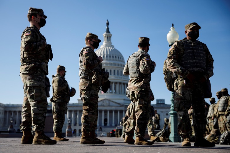 WASHINGTON, D.C., Jan. 15, 2021 -- National Guard soldiers are seen on Capitol Hill in Washington, D.C., the United States, on Jan. 14, 2021. U.S. President Donald Trump on Jan. 11 approved an emergency  declaration for Washington, D.C., effective through Jan. 24, covering the date of President-elect Joe Biden's inauguration on Jan. 20. (Photo by Ting Shen/Xinhua via Getty) (Xinhua/Ting Shen via Getty Images)