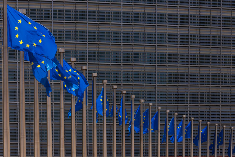 Flags of the European Union fly in the wind at the main building of the European Commission  in Brussels - Belgium on 28 May 2020.  European Commission President Ursula von der Leyen proposes that the European Union invest 750 billion euros in countries that are suffering economically from the corona crisis. The plan will be called Next Generation EU. The Member States and the parliament must now comment on the plan.(Photo by Jonathan Raa/NurPhoto via Getty Images)