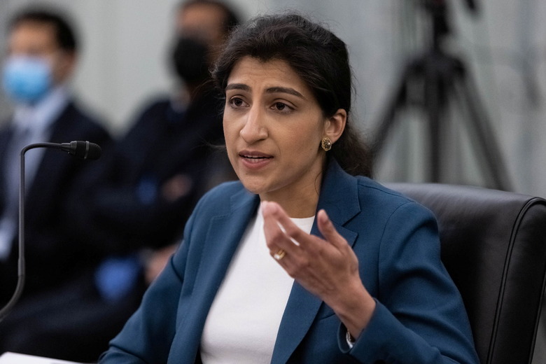 FTC Commissioner nominee Lina M. Khan testifies during a Senate Commerce, Science, and Transportation Committee hearing on the nomination of Former Senator Bill Nelson to be NASA administrator, on Capitol Hill in Washington, U.S., April 21, 2021. Graeme Jennings/Pool via REUTERS