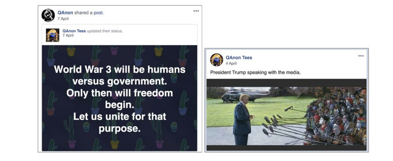 Examples of the posts shared by the QAnon-linked accounts removed by Facebook.