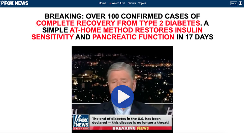 An example of one of the websites linked from a Facebook ad that attempts to spoof Fox News.