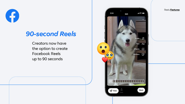 Image of a phone showing the Facebook Reels creation tab and a video of a dog with emoji super imposed on top. Text: 