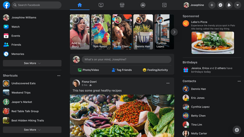 The Facebook redesign with dark mode enabled.