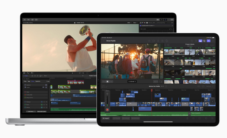 A view of a laptop and tablet running Final Cut Pro for Mac and Final Cut Pro for iPad.
