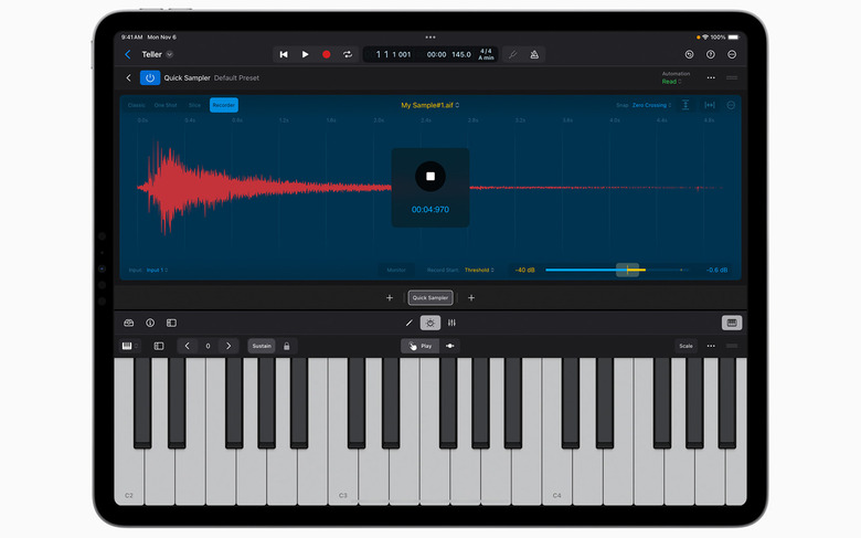 With Logic Pro's new Quick Sampler Recorder mode, users can create sampler instruments from any sound using the iPad's built-in microphone or a connected audio input.